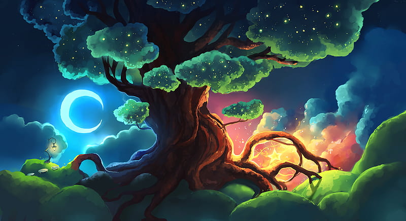 tree, stars, glow, night, art, HD wallpaper