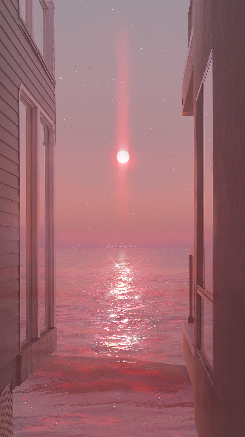 Wall murals Tender pink sunset at the sea, pink flower reflection on the sea