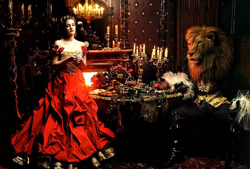 Beauty and the Beast, costume, yellow, women, fantasy, acrtress, annie leibovitz, table, models, food, satin, black, abstract, lion, classy, drew barrymore, luxurious, red, colorful, dress, brown, silk, bonito, woman, elegant, furniture, graphy, people, room, girls, light, animals, female, colors, candles, girl, castle, HD wallpaper