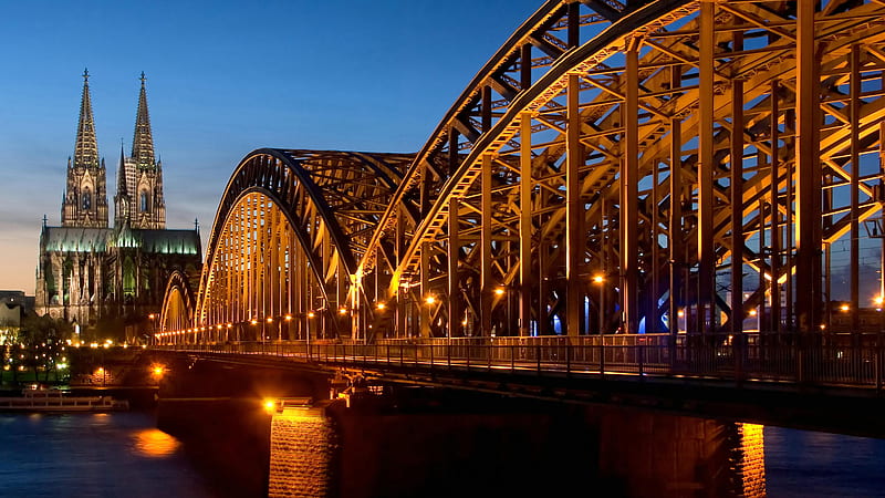 Cologne Cathedral and Hohenzollern Bridge, architecture, hohenzollern, cathedral, germany, monuments, bridges, bonito, lights, cologne cathedral, hohenzollern bridge, night, HD wallpaper
