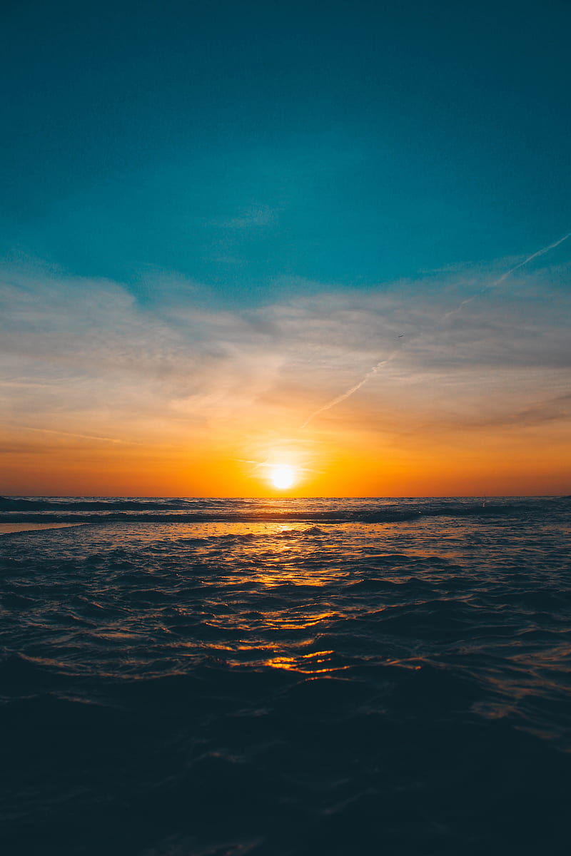 sunset, sun, sea, horizon, waves, HD phone wallpaper