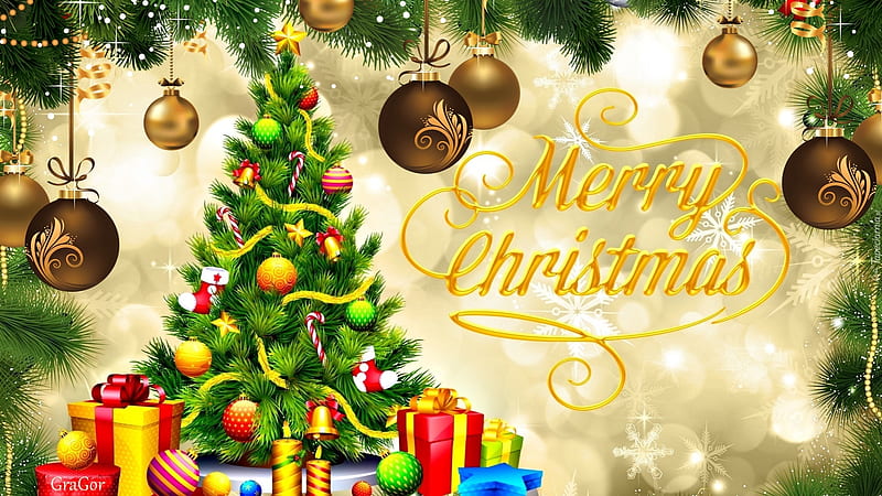 Merry Christmas, Gift, Christmas tree, Presents, Baubles, HD wallpaper