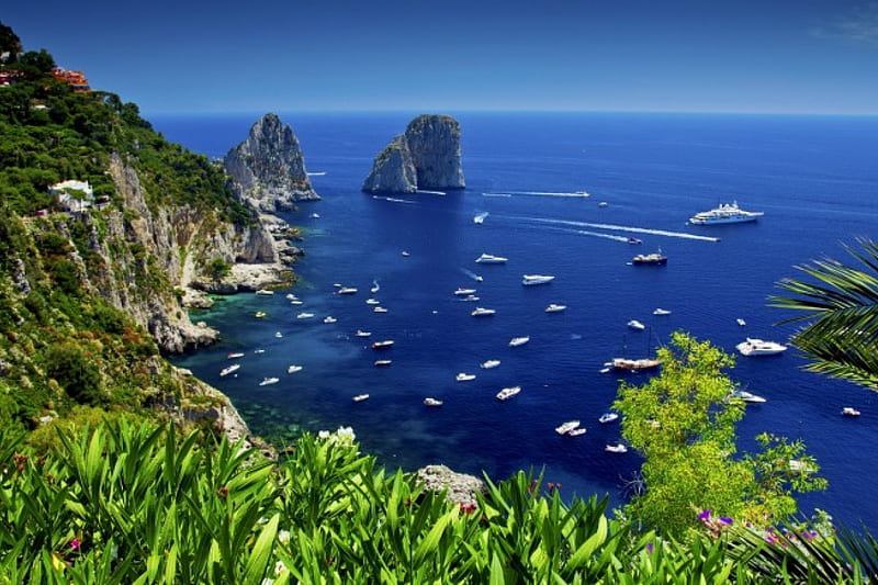 Yachts in Capri bay, rocks, shore, lovely, view, Capri, bonito, sea, beach, yachts, boats, nice, green, nature, bay, blue, HD wallpaper