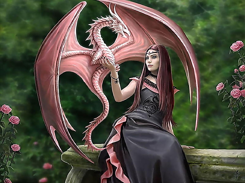Her Pet Dragon, garden, roses, woman, dragon, HD wallpaper