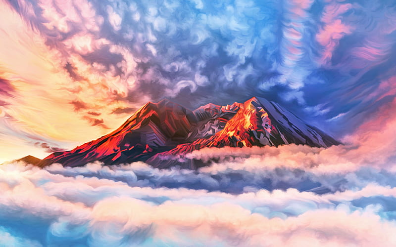 mountains art, cloud, mountains peaks, HD wallpaper