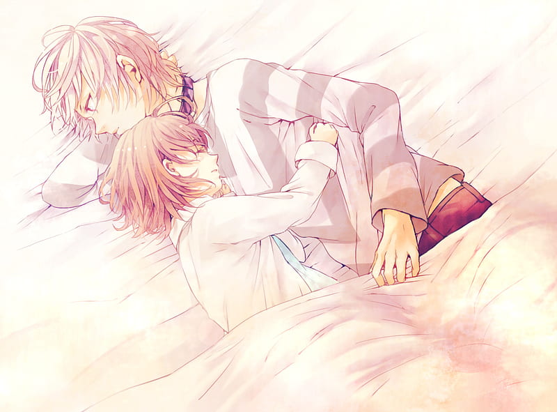 Hold me, hug, boy, girl, anime, love, sad, bed sheets, lieing down, HD wallpaper