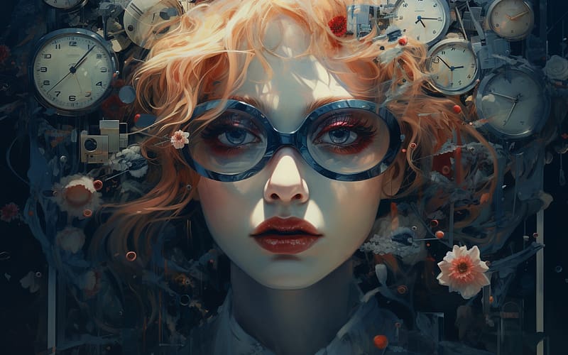 Girl, neuroset, fantasy, flower, portrait, glasses, face, woman, clock, HD wallpaper