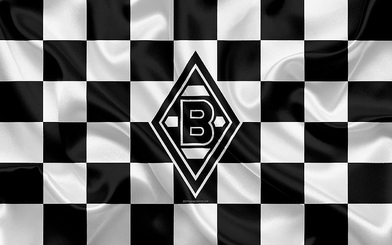 Borussia Monchengladbach logo, creative art, black and white checkered flag, German football club, Bundesliga, emblem, silk texture, Monchengladbach, Germany, football, HD wallpaper