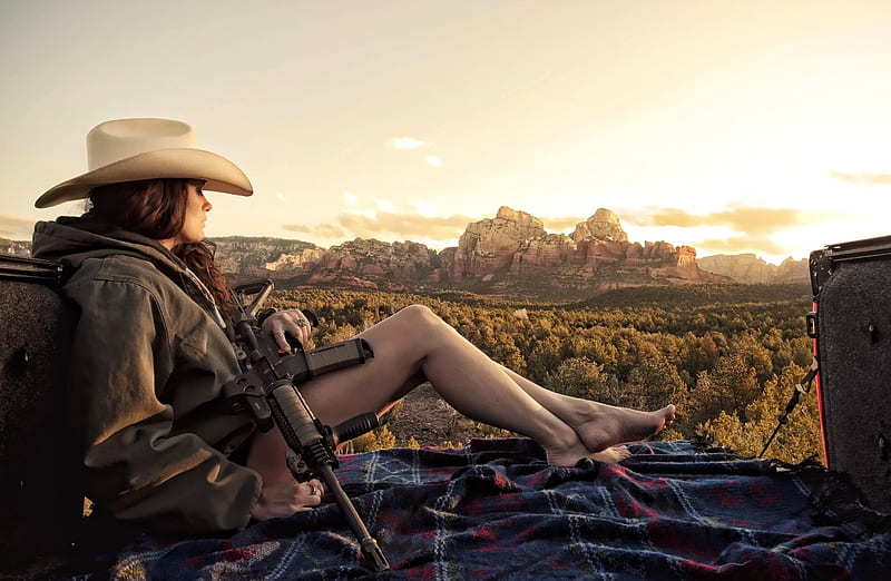 Cowgirl - Sexy Guard, shorts, guard, scenery, sexy, semi-automatic rifle, cowgirl, pick-up truck, red and blue plaid, cowboy hat, gun, nature, HD wallpaper
