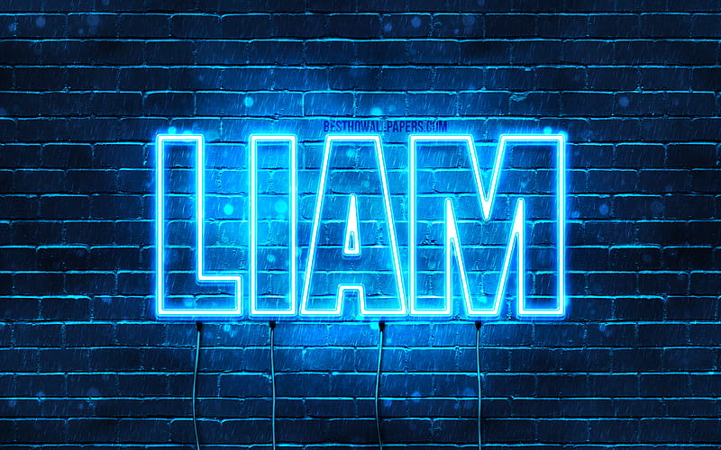Liam with names, horizontal text, Liam name, Happy Birtay Liam, popular german male names, blue neon lights, with Liam name, HD wallpaper