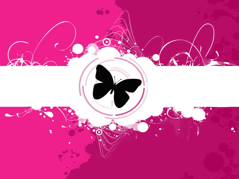 Butterfly Pinks, white stripe, black butterfly, circles, pink tones, scribbles, HD wallpaper