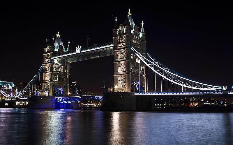 Tower Bridge, nightscapes, Thames River, english landmarks, London, England, UK, HD wallpaper