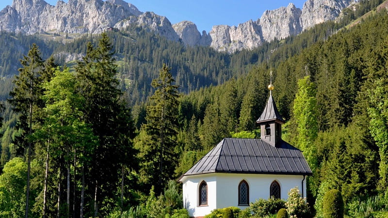 lovely chapel in forest under grand mountains, mountain, forest, steeple, chapel, HD wallpaper