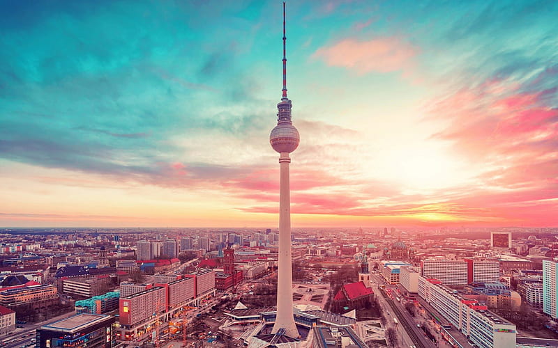 Berlin, view, Deutschland, roofs, houses, Fernsehturm, sky, clouds, City, Europe, TV Tower, streets, Germany, HD wallpaper