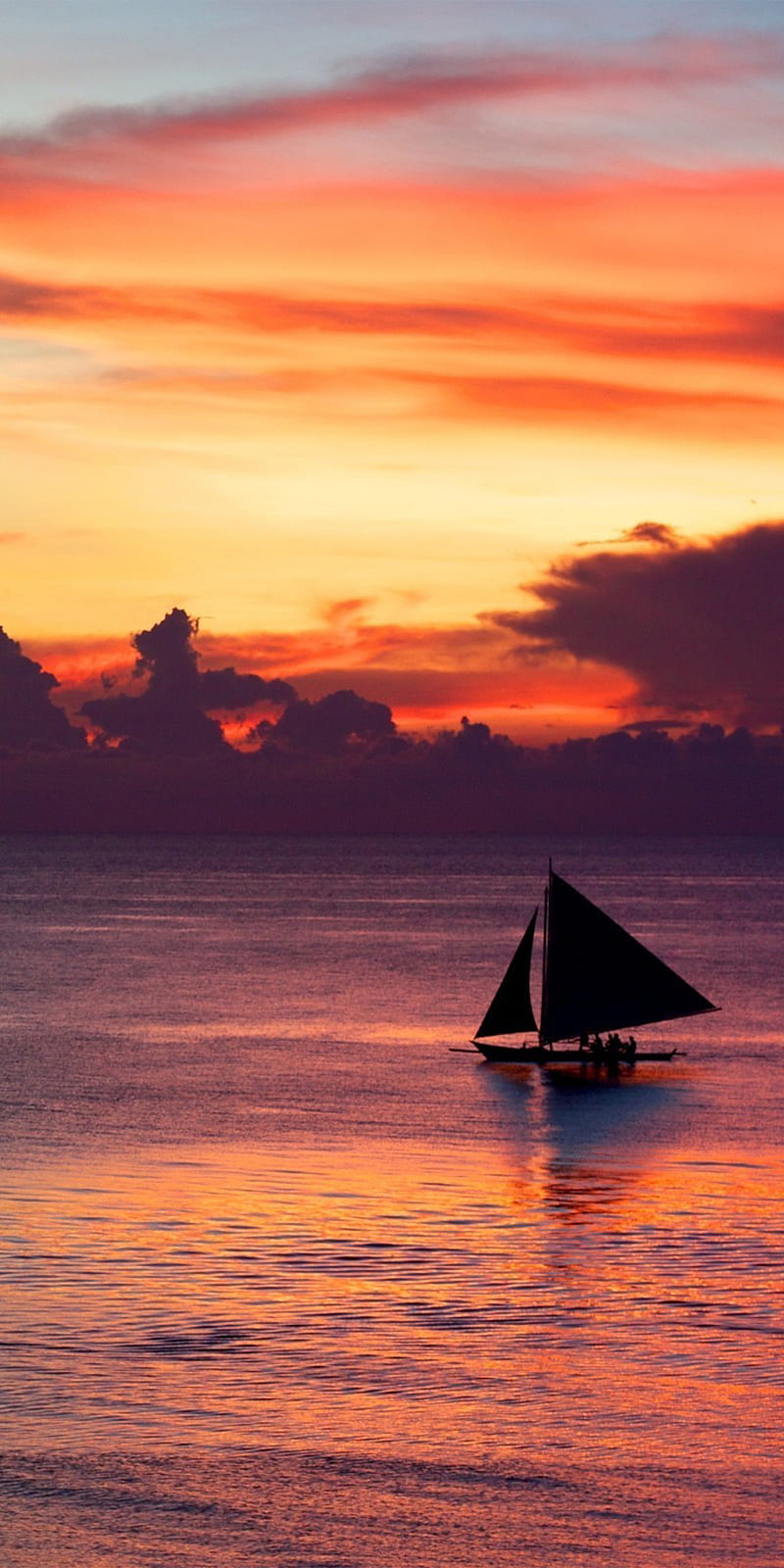 sunset, sailing, boat, sail, barco, sea, oceano, naranja, nube, HD phone wallpaper