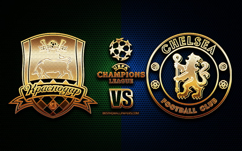 Krasnodar vs Chelsea, season 2020-2021, Group E, UEFA Champions League, metal grid backgrounds, golden glitter logo, FC Krasnodar, Chelsea FC, UEFA, HD wallpaper