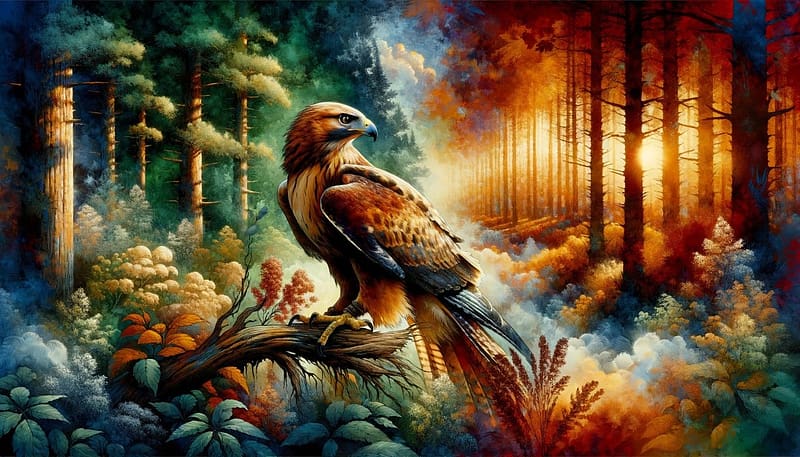 Hawk on tree branch, fa ag, szines tajkep, solyom, madar, fa, erdo, elenk szinek, HD wallpaper