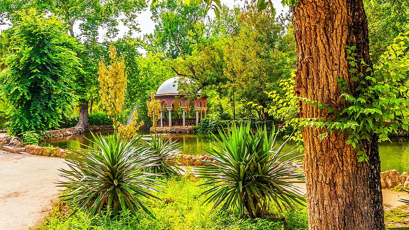 Maria Luisa Park, Sevilla, Spain, trees, gazebo, water, leaves, plants, river, HD wallpaper