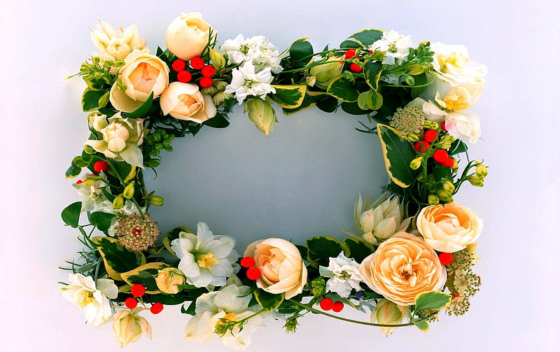 FLOWER WREATH, wreath, leaves, green, berries, composition, flowers, Rose, HD wallpaper