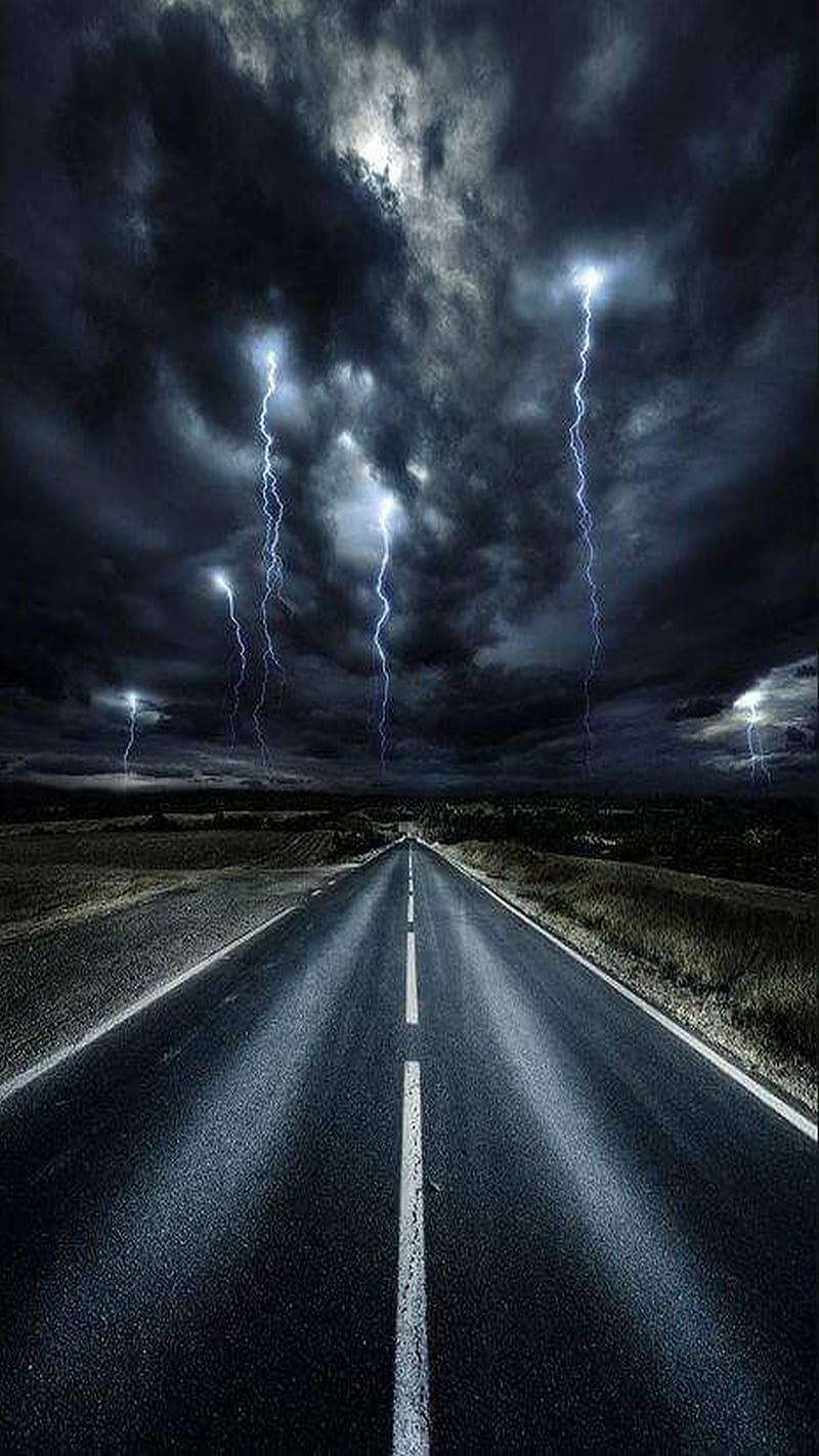 Cloudy Road, cloud, dark, gray, gris, lightning, thunderstorm, HD phone wallpaper