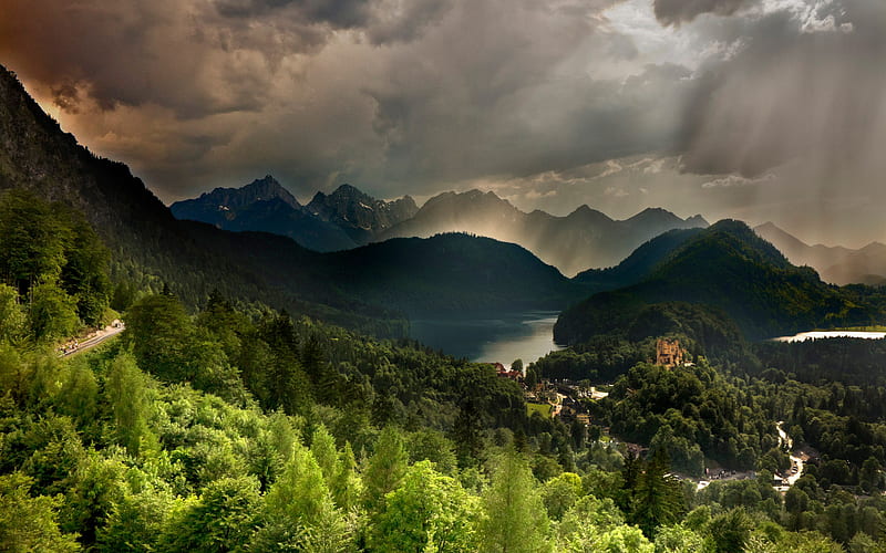 Neuschwanstein Castle, R, mountains, forest, Bavaria, Alps, german landmarks, Europe, Germany, HD wallpaper
