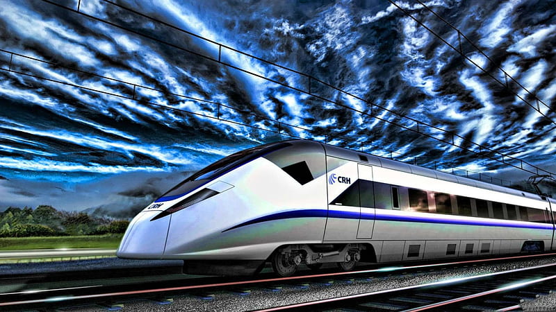 high speed train r, train, electric, r, clouds, tracks, HD wallpaper