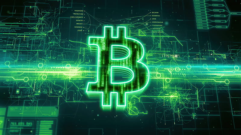 Bitcoin, green, neon, HD wallpaper