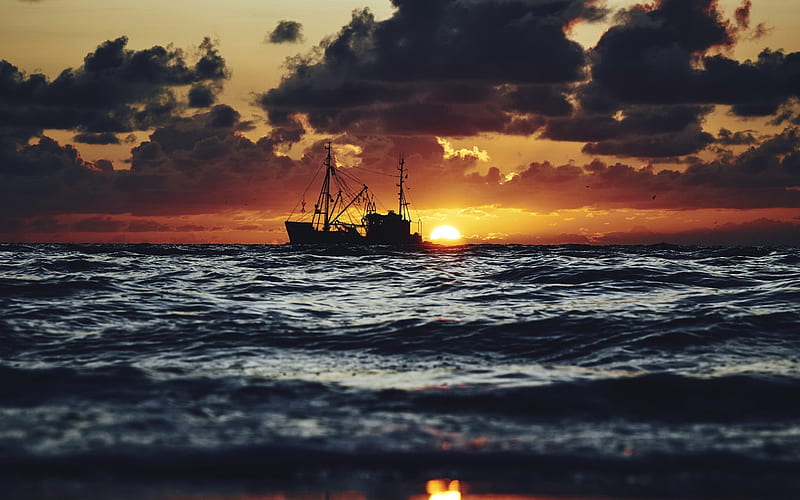 Fishing boat, sunset, evening, seascape, waves, sea, fishing, HD