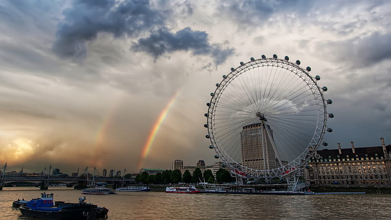 rainbows near the london eye, ferris wheel, rainbows, boats, river, HD wallpaper