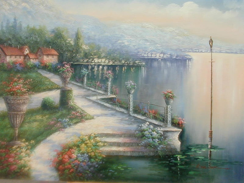Just Dreamy, planters, houses, flowers, step, walks, sea, HD wallpaper
