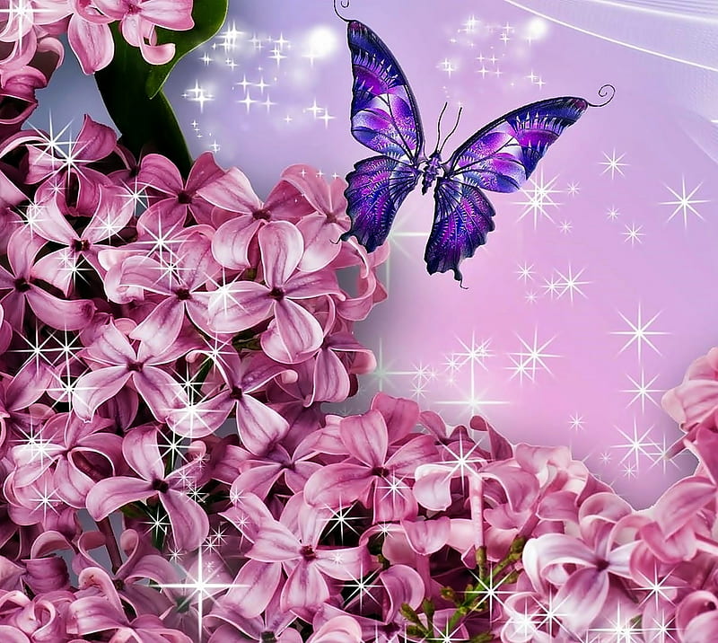 butterfly, abstract, flowers, lilac, nature, HD wallpaper