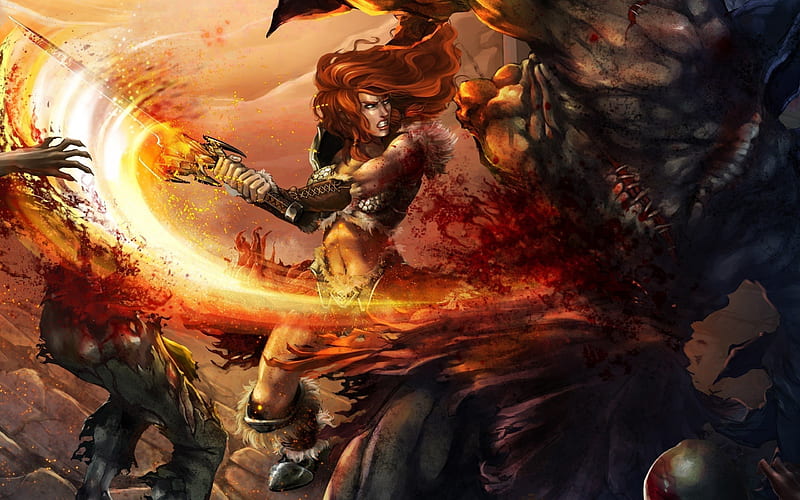 red in action, babe, woman, fire, epic, warrior, battle, red sonja, killer, lady, sword, conan, HD wallpaper