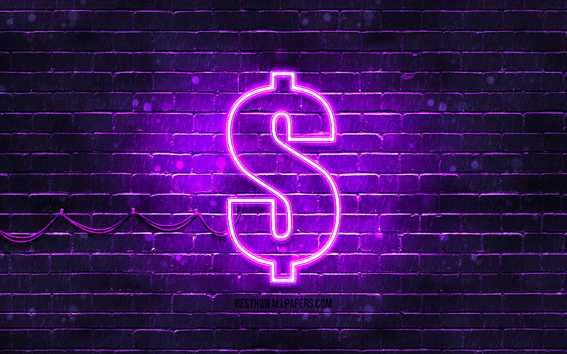 Dollar violet sign violet brickwall, Dollar sign, currency signs, Dollar neon sign, Dollar, HD wallpaper