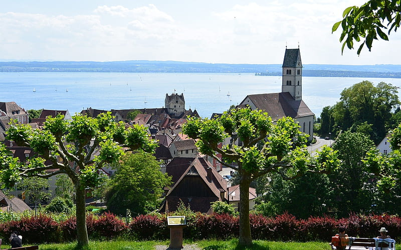 Meersburg, Lake Constance, church, trees, lake, town, HD wallpaper