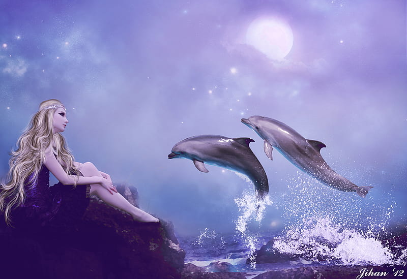 Moonlight, moon, sea, fantasy, dolphin, moon, vara, girl, summer, night, HD wallpaper