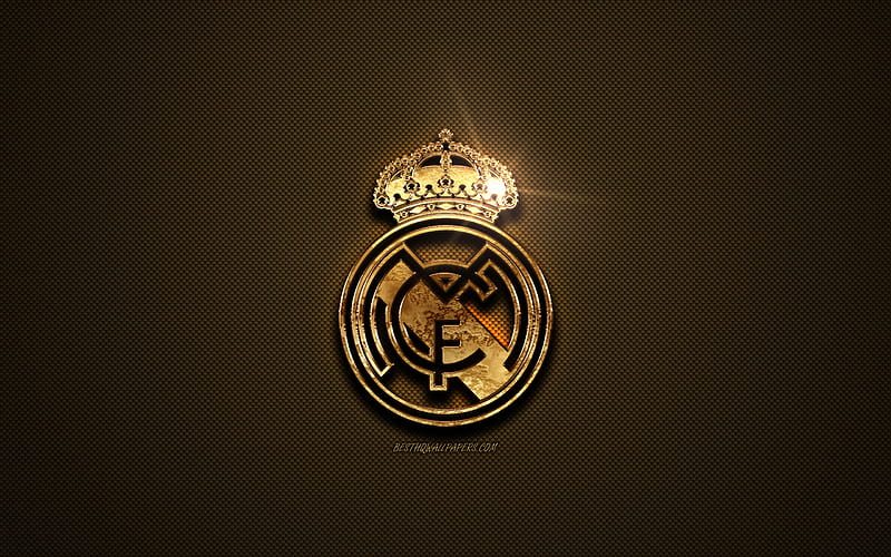 Real Madrid, golden logo, Spanish football club, golden emblem, Madrid, Spain, La Liga, golden carbon fiber texture, football, Real Madrid CF, HD wallpaper