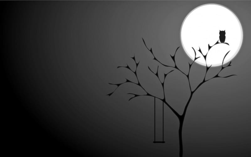 Night Play, owl, moon, swingset, dark, HD wallpaper