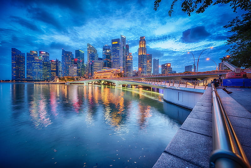 Cities, Singapore, Bridge, Building, City, Night, Skyscraper, HD wallpaper