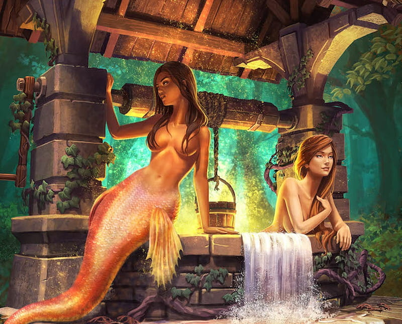 Mermaids, fantasy, wishing well, yasumatsuoka, luminos, mermaid, couple, HD wallpaper