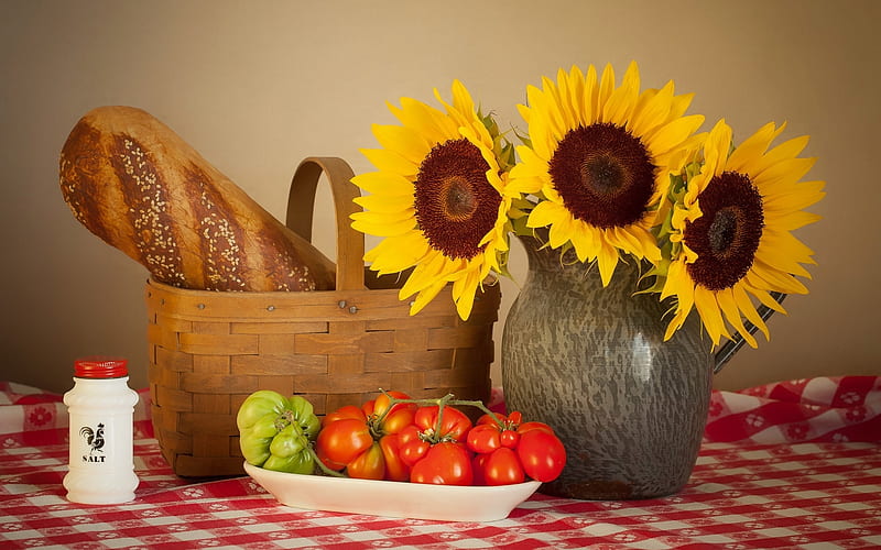 Still Life with Sunflowers, still life, tomatoes, sunflowers, basket, vase, bread, salt, HD wallpaper