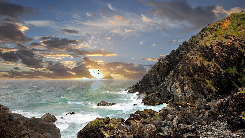 fantastic rocky australian coast, rocks, birds, sunset, clouds, hill, coast, sea, HD wallpaper
