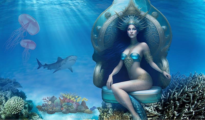 Queen of The Seas, fantasy, Sea creatures, blues, magical, Water, Mythical, siren, ocean, HD wallpaper