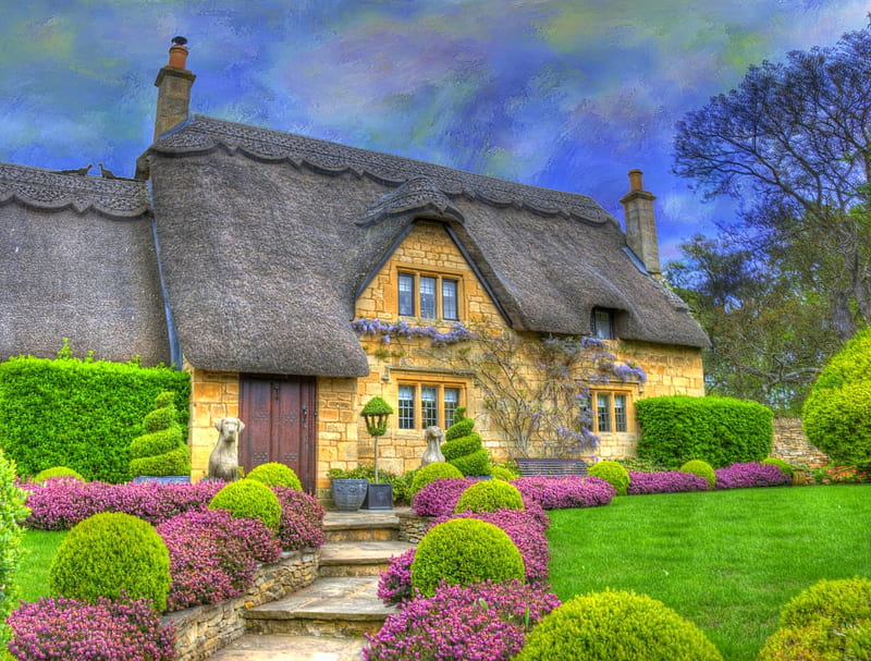 English Country Cottage, house, cottage, magenta, bonito, spring, shrubs, green, flowers, path, garden, meadow, HD wallpaper