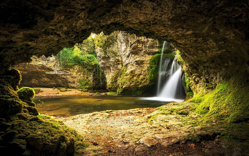 grotto, lake, rocks, waterfall, beautiful lake, HD wallpaper