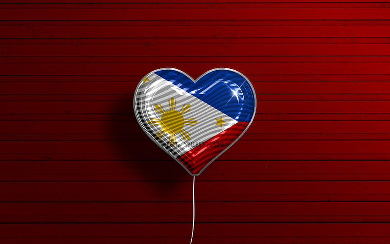I Love Philippines realistic balloons, red wooden background, Asian countries, Jordan flag heart, favorite countries, flag of Philippines, balloon with flag, Philippines flag, Love Philippines, HD wallpaper