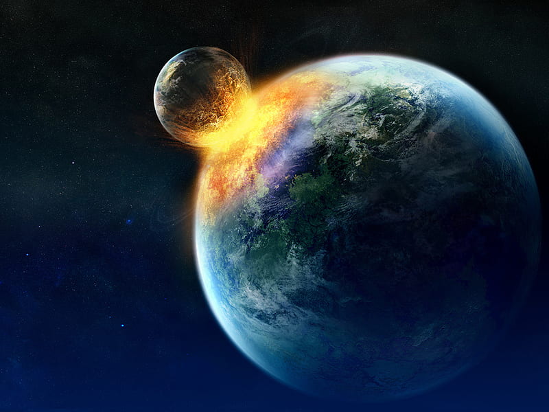 earth and moon collision, moon, space, nature, collision, earth, abstract, HD wallpaper