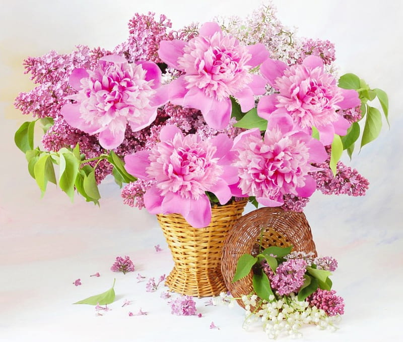 Spring Still Life, lily of the valley, still life, basket, flowers, vase, Spring, lilacs, peonies, HD wallpaper