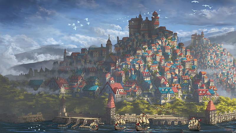 castle, city, fantasy, art, HD wallpaper