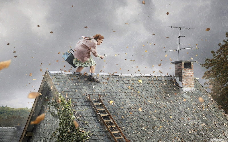 Stormy day, old woman, roof, cloud, autumn, house, wind, storm, antenna, leaf, funny, HD wallpaper