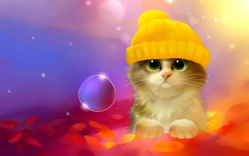 BUBBLY KITTY, cute, art, bubble, cap, kitten, HD wallpaper